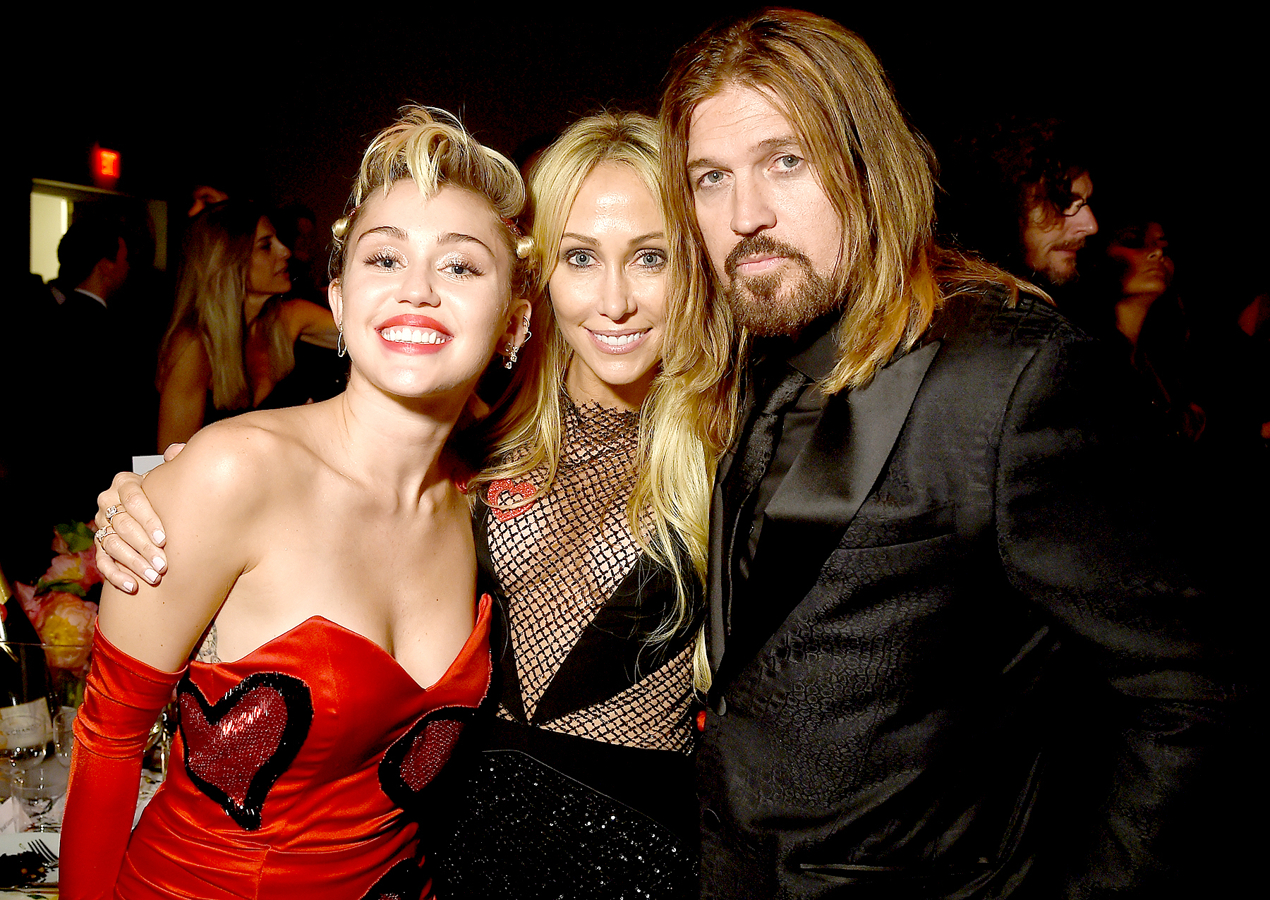 Miley Cyrus, Tish Cyrus and Billy Ray Cyrus attend the 2015 amfAR Inspiration Gala New York at Spring Studios on June 16, 2015 in New York City.