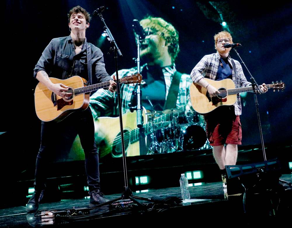 Shawn Mendes and Ed Sheeran perform "Mercy" during the Illuminate tour at Barclays Center on August 16, 2017 in the Brooklyn borough of New York City.