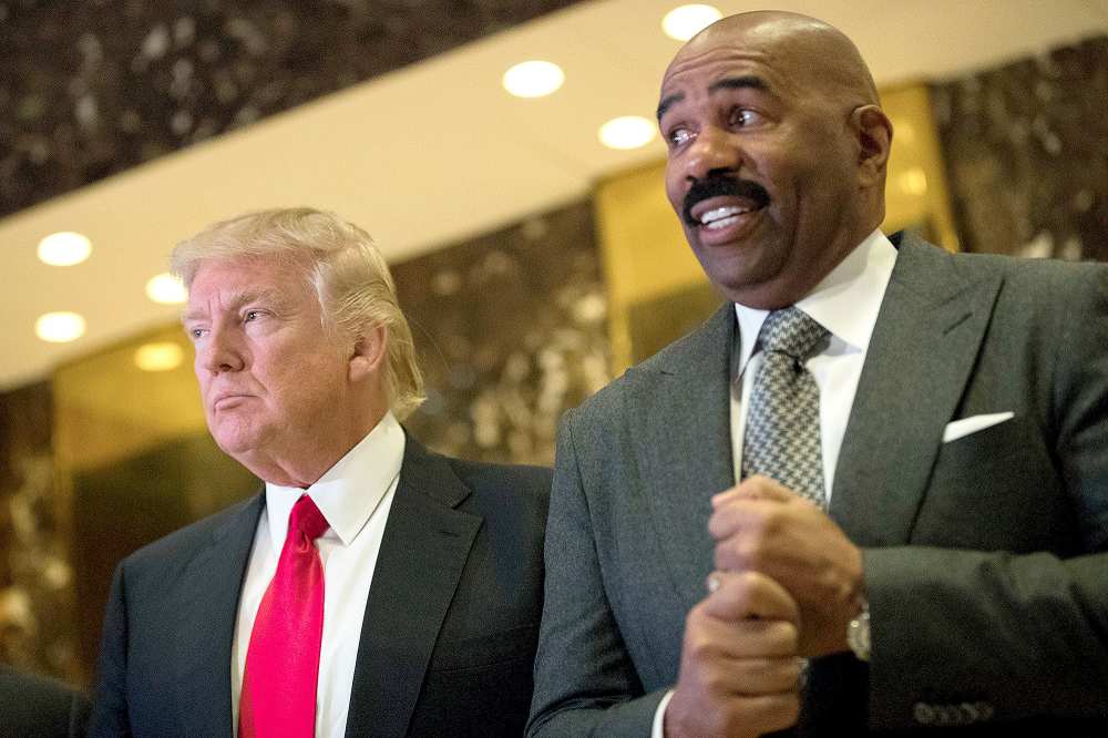 President-elect Donald Trump and television personality Steve Harvey speak to reporters after their meeting at Trump Tower, January 13, 2017 in New York City.