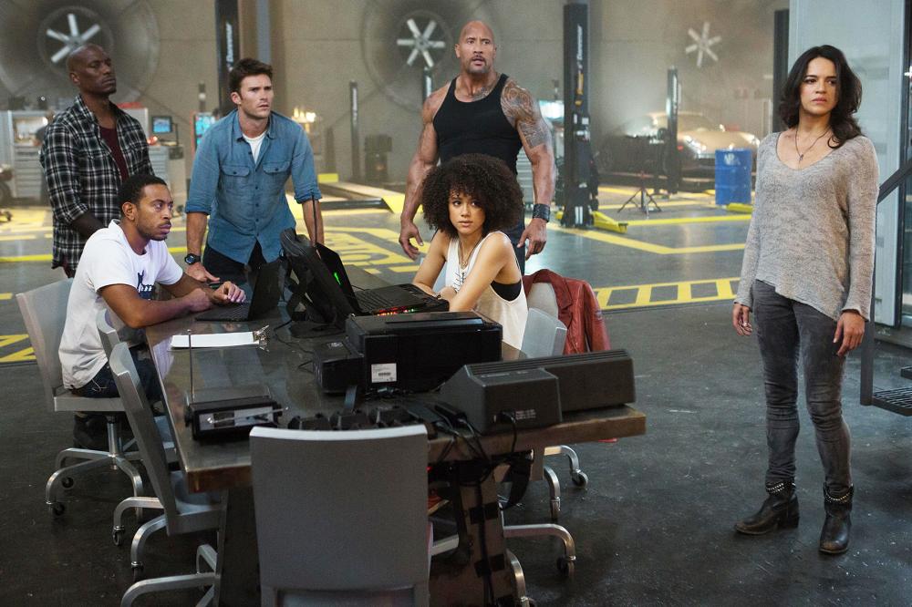 TYRESE GIBSON, CHRIS “LUDACRIS” BRIDGES, SCOTT EASTWOOD, DWAYNE JOHNSON, NATHALIE EMMANUEL and MICHELLE RODRIGUEZ The Fate of The Furious