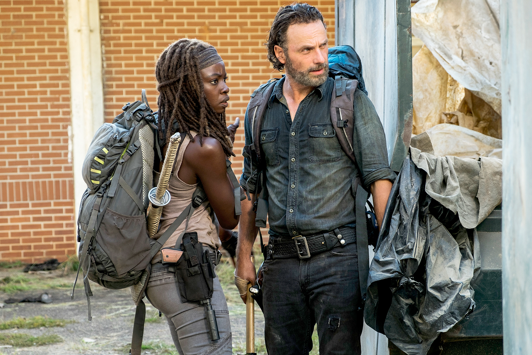Andrew Lincoln as Rick Grimes and Danai Gurira as Michonne on The Walking Dead