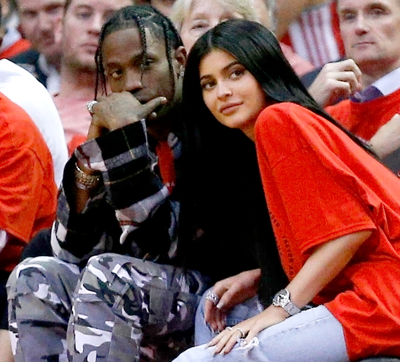 Travis Scott and Kylie Jenner watch courtside during Game Five of the Western Conference Quarterfinals game of the 2017 NBA Playoffs at Toyota Center on April 25, 2017 in Houston, Texas.