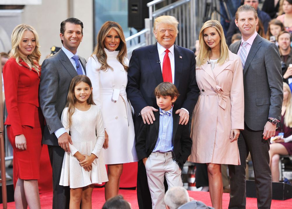 Tiffany Trump, Donald Trump Jr, Kai Trump, Melania Trump, 2016 Republican presidential candidate Donald Trump, Tristan Trump, Ivanka Trump, and Eric Trump pose onstage during NBC's Today Trump Town Hall at Rockefeller Plaza on April 21, 2016 in New York City.